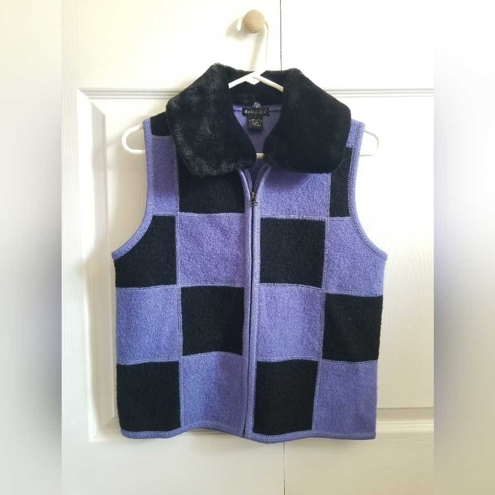 VTG Tally Ho Women's Vest S Purple Black Checked Wool Faux Fur **CLEARANCE**